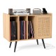 Record player stand in natural wood with rattan cabinet, featuring charging station and vinyl storage for living room.