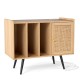 Record player stand with rattan cabinet, featuring adjustable shelves and charging station for living room organization.