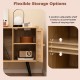 Record player stand featuring a natural wood finish, adjustable shelf, and rattan cabinet for versatile living room.