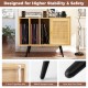 Record player stand with rattan cabinet, adjustable shelves, and charging station for organized living room storage.