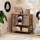 Record player stand in rustic brown with charging station, metal frame, and storage for vinyl records and devices.