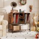 Record player stand in rustic brown with charging station, metal frame, and storage for records and boxes.