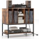 Rustic brown record player stand showcasing a sturdy metal frame, featuring cable management and adjustable foot pads.
