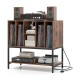 Record player stand in rustic brown with charging station, featuring a metal frame and storage for vinyl records.