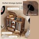 Record player stand in rustic brown with charging station, cable management, and six compartments for organized storage.