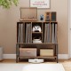 Rustic brown record player stand featuring a spacious top shelf for devices and vinyl records, with cable management.