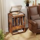 Record player stand in brown with vinyl storage, drawer, and wheels, ideal for living room or bedroom use.