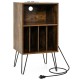 Rustic brown record player stand with charging station, featuring 3-tier storage and metal legs for stability.