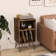 Rustic brown record player stand with charging station, featuring 3-tier storage and metal legs for stability in living.