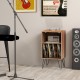 Record player stand in rustic brown with charging station, showcasing vinyl records and featuring metal support legs.