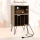 Rustic brown record player stand with charging station, 3-tier design, and metal legs for stable vinyl storage.