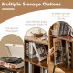 Record player stand in rustic brown with open shelf for vinyl records, books, and charging station for devices.