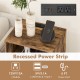 Rustic brown record player stand with charging station, featuring 3 tiers for vinyl storage and cable management hole.