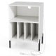 Record player stand in white with open shelf, 4 storage spaces, and charging station for vinyl records and devices.