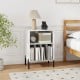 Record player stand in white with open shelf, storage for 150 vinyl records, and charging station for electronic.