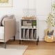 Record player stand in white with storage shelf, accommodating 150 vinyl records and featuring charging ports for.