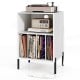 Record player stand in white with storage for 150 vinyl records, charging station, and modern design for versatile use.