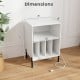 Record player stand in white with dimensions, featuring storage for 150 vinyl records and charging station for devices.
