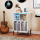 Record player stand in white with LED light, charging station, and vinyl storage, perfect for audio equipment.