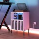 Record player stand in white with LED light, charging station, and storage for vinyl records, perfect for audio.