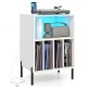 Record player stand in white with LED light, charging station, and storage for vinyl records, featuring sturdy metal.