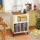 Record player stand in white with LED light, charging station, and vinyl storage, perfect for music lovers.