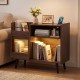 Record player stand in brown with LED light, sliding door, and ample storage for turntables and albums.