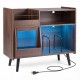 Record player stand in brown with LED light, sliding door, and ample storage for turntables and decor.