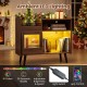 Record player stand in brown with LED lighting, sliding door, and ample storage for turntables and decor.