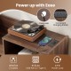Record player stand in brown with power outlets, cable management, and LED light for convenient device charging.