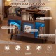 Record player stand in brown with LED light, open shelves, and sliding door for ample storage of turntables and albums.