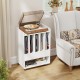 Record player stand in white with vinyl storage, drawer, and wheels, perfect for living room or bedroom use.