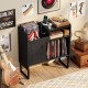 Record player stand in black showcasing a wide tabletop and open shelf, perfect for displaying albums and devices.