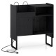 Record player stand in black with storage for 250 albums, power outlets, and cable management for organized charging.