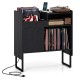 Record player stand in black with vinyl storage for 250 albums, featuring power outlets and a sturdy metal frame.