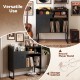 Record player stand in black with vinyl storage for up to 250 albums, featuring power outlets and a storage cabinet.