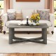 Rectangle coffee table with gray rubber wood and X-shaped base, perfect for living room essentials and stylish decor.