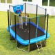 Rectangle outdoor trampoline with basketball hoop, 10 x 8 FT, featuring safety net and ladder for active fun.