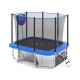 Rectangle outdoor trampoline with blue frame, basketball hoop, and safety net, ideal for kids and adults' exercise.