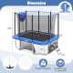 Rectangle outdoor trampoline 10 x 8 FT in blue with basketball hoop, safety net, and ladder for family fun.