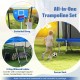 Rectangle outdoor trampoline with basketball hoop and soccer goal, featuring a sturdy frame and safety net for fun and.