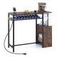 Rectangular bar table in rustic brown with charging station, LED light, wine rack, and glass storage for kitchen or.