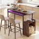 Rectangular bar table in rustic brown with charging station, LED light, wine rack, and glass storage for kitchen use.