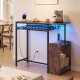 Rectangular bar table in rustic brown with LED lights, charging station, and wine rack for stylish kitchen storage.