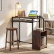 Rectangular bar table in rustic brown with charging station, LED light, and wine rack for stylish kitchen storage.