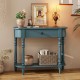 Retro blue console table with drawer and open shelf, perfect for narrow spaces in entryways or living rooms.