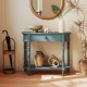 Narrow blue retro console table with a drawer and open shelf, perfect for entryways and living rooms.