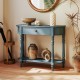 Blue retro console table showcasing a stylish round edge design, ideal for decorative items in narrow entryways.