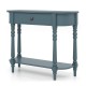 Blue retro console table with sturdy turned legs and a spacious shelf, ideal for narrow hallways or foyer areas.