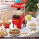 Retro hot air popcorn maker in red with DIY seasoning options, producing oil-free popcorn for family movie nights.